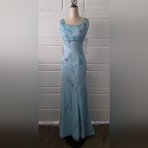 Light Blue Silk Beaded Fit & Flare Evening Gown